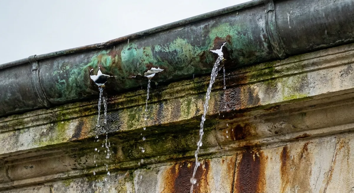 Gouttière intégrée corrodée causant des infiltrations